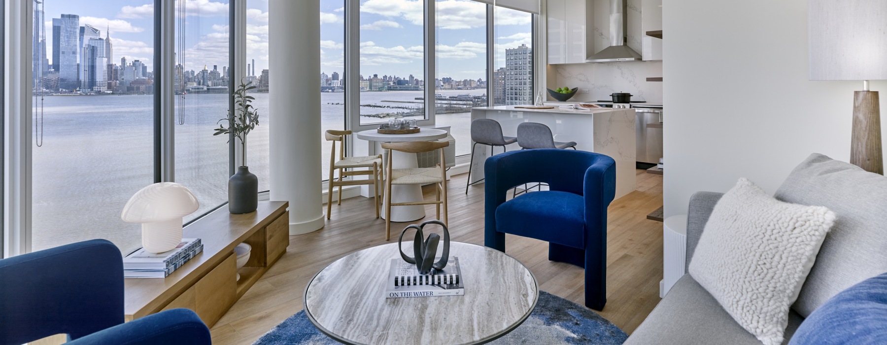 Living room with skyline views of New York